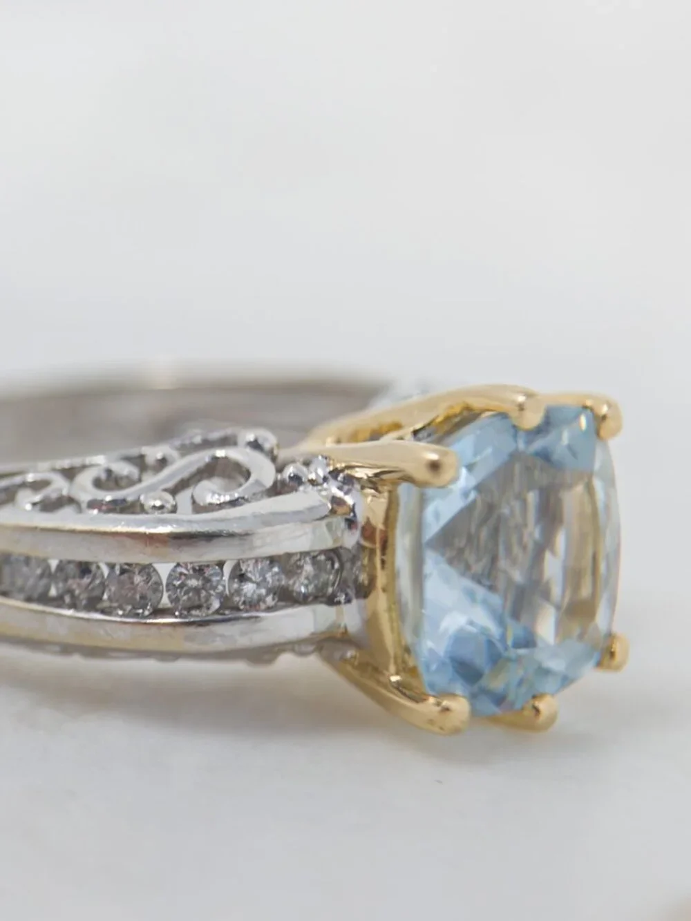 14K Two Tone Gold Aquamarine Diamond Ring approx. 2ct Cushion Size 6.5